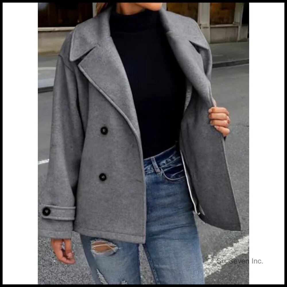 Wool Blend Pea Coat Cropped Blazer Jacket Loose Fit Double Breasted - Picture 3 of 6
